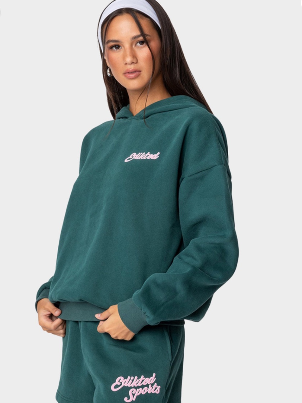 Edikted Teal Green Pullover Hoodie with Pink Logo